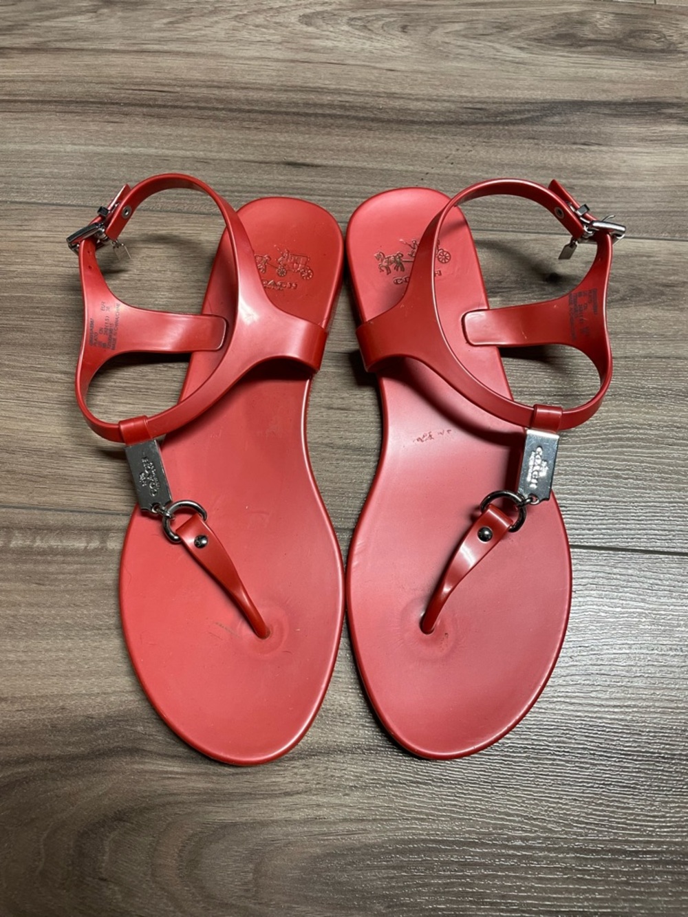 Coach coral t-Strap Women's jelly Sandals with Silver Hardware